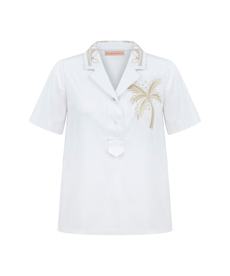 Machka Palm-Embroidered Detail Blouse Off White