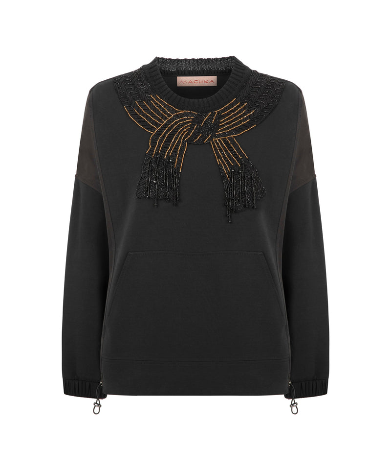 Machka Scarf Effect Stone-Embroidered Sweatshirt Black