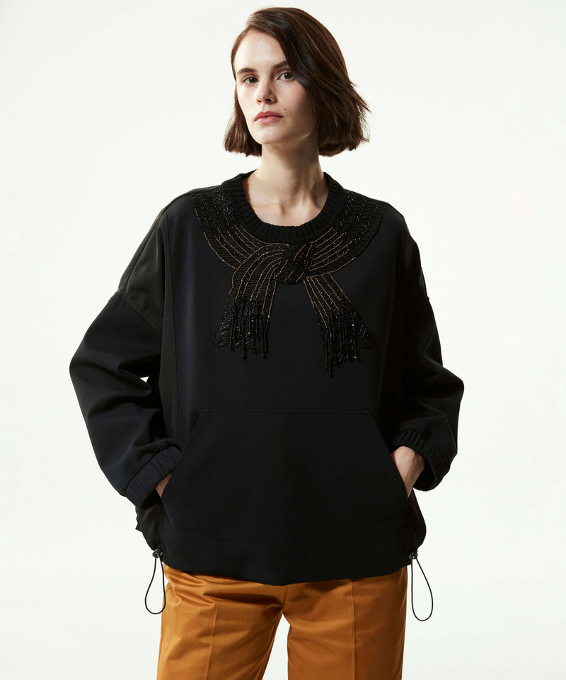 Machka Scarf Effect Stone-Embroidered Sweatshirt Black