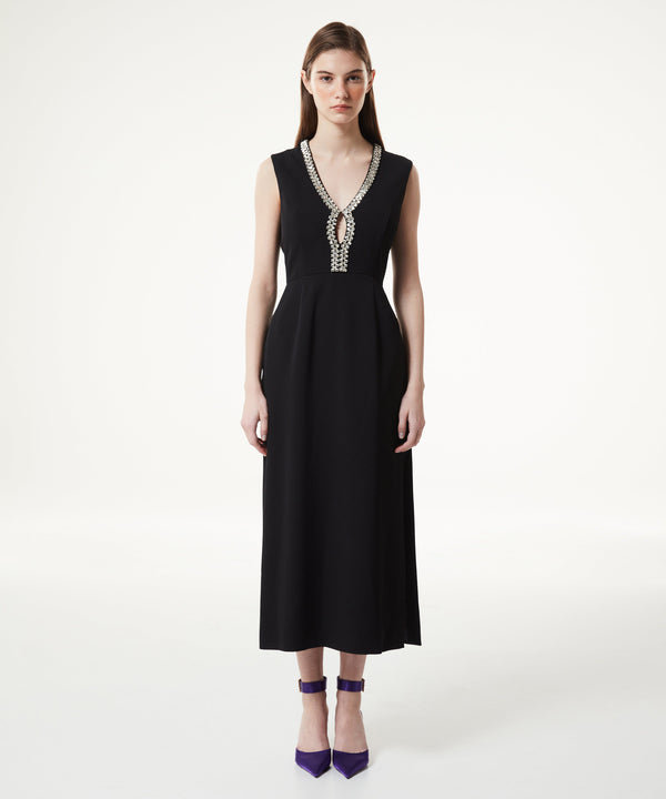 Machka Stone Embroidered Crepe Dress Black