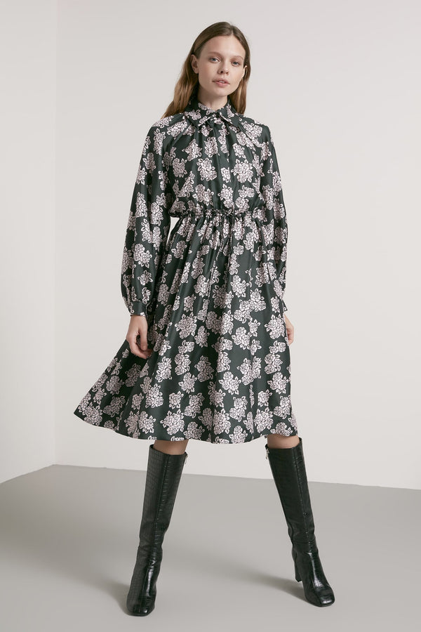 Machka Floral Print Long Sleeve Dress Dark Green