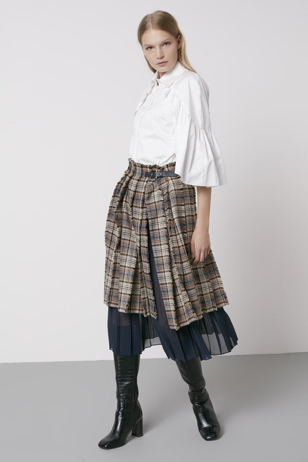 Machka Checkered Pleat Detail Skirt Beige