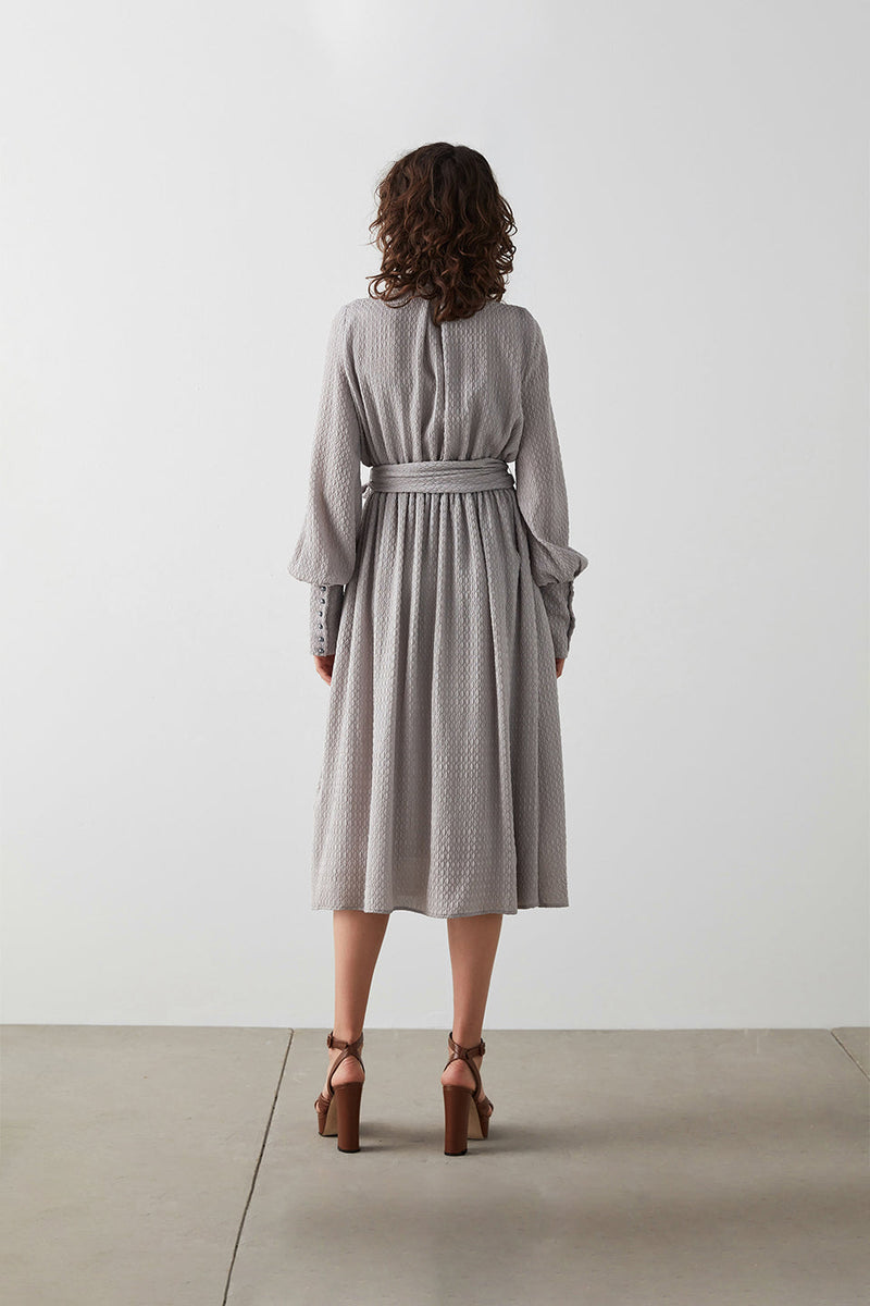 Machka Button Detail Midi Dress Pearl Grey