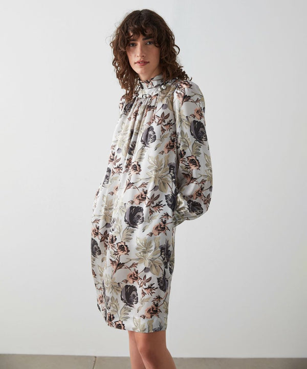 Machka Rose Pattern Silk Dress Pearl Grey