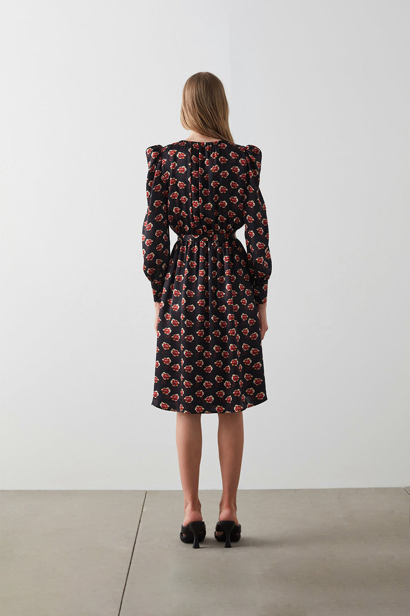 Machka Rose Pattern Silk Twill Dress Black