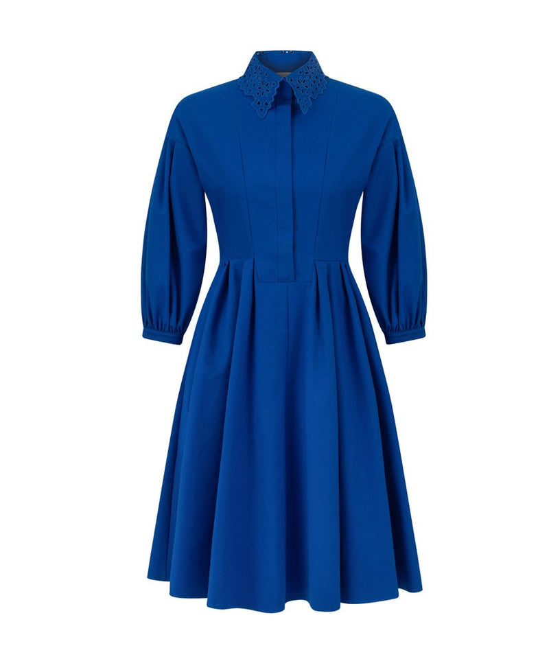 Machka Schiffli Collar Solid Flared Dress Electric Blue