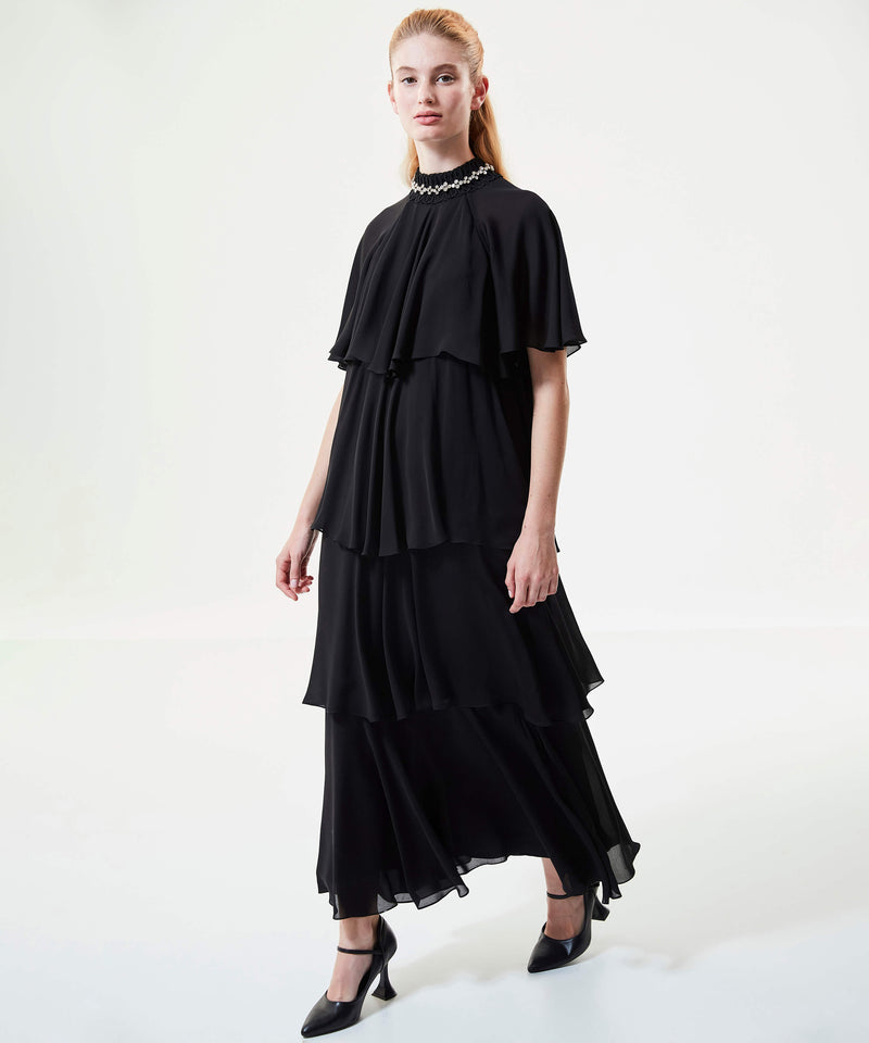 Machka Flared Tiered Flowy Dress With Rhinestone Neck Black