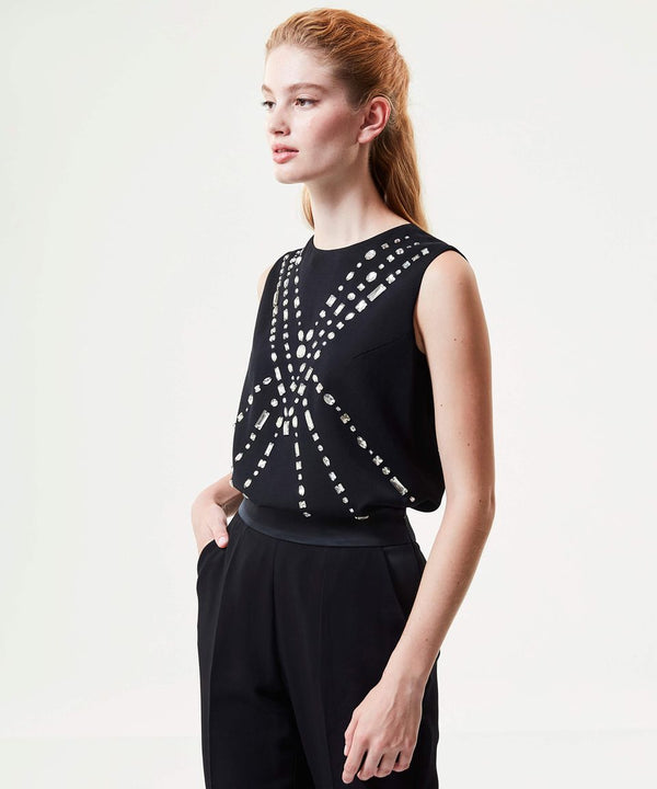 Machka Stylish Stone Embellished Sleeveless Blouse Black