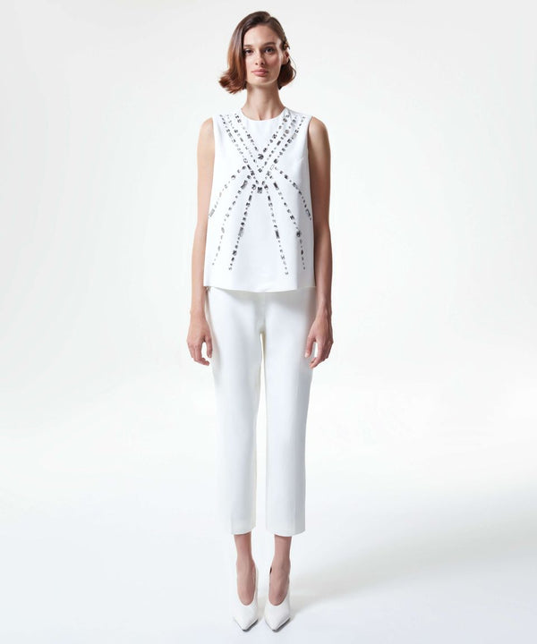 Machka Stylish Stone Embellished Sleeveless Blouse Off White