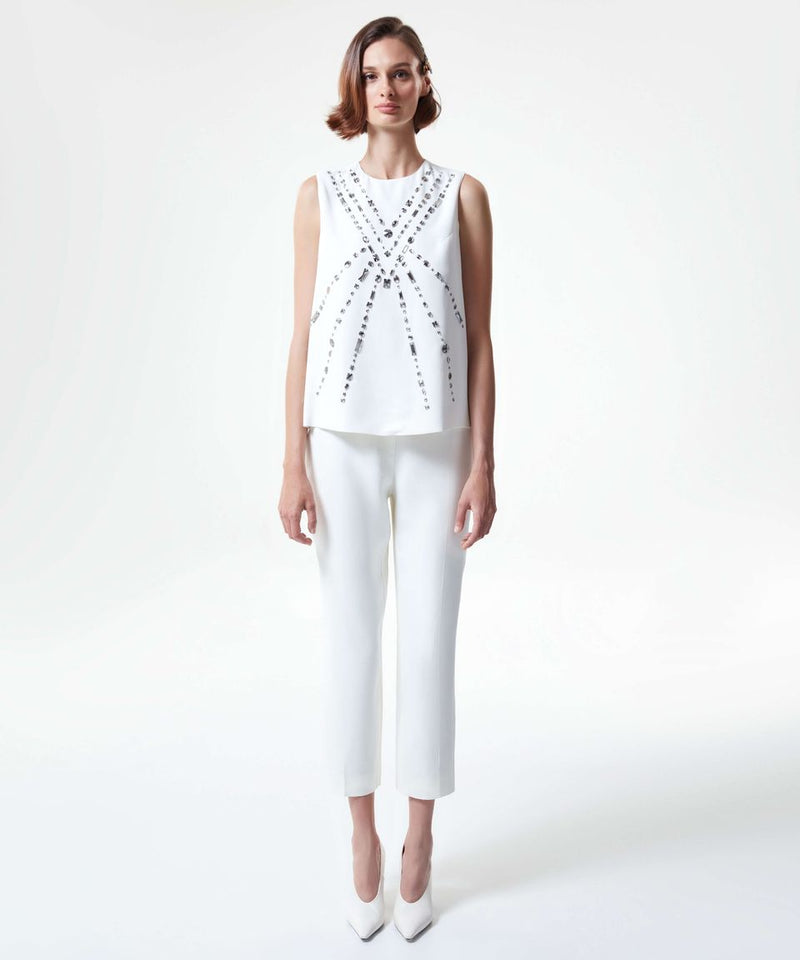 Machka Stylish Stone Embellished Sleeveless Blouse Off White