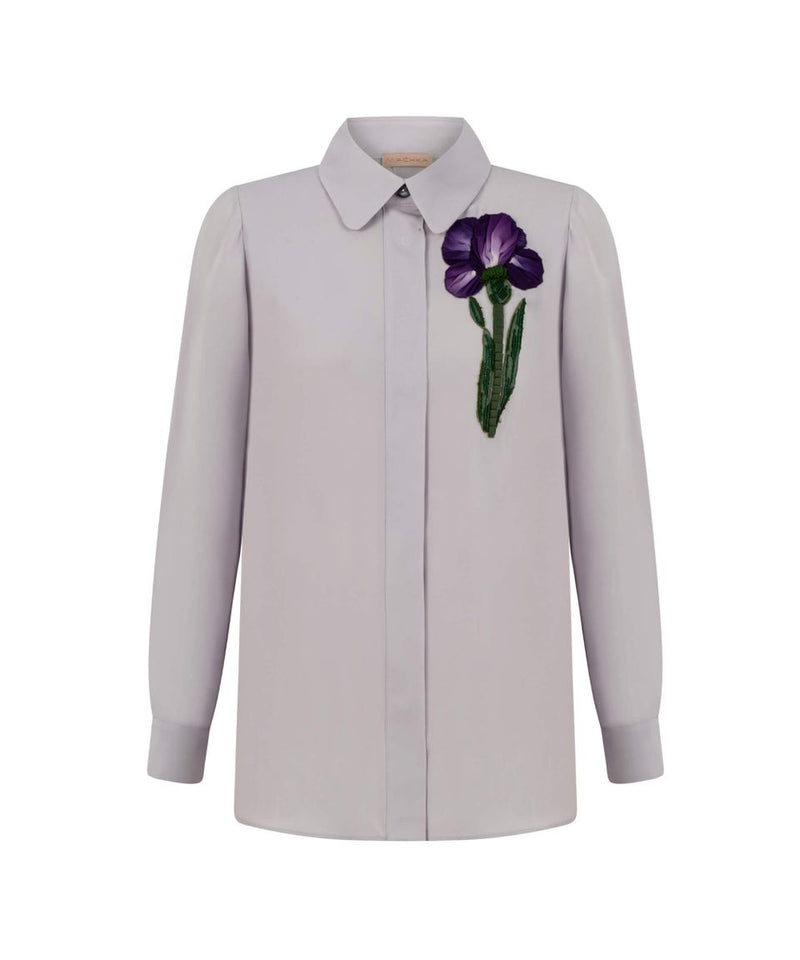 Machka Floral Embroidered Solid Silk Blouse L.Lilac