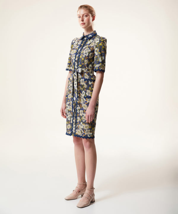 Machka Floral Pattern Belted Shirt Dress Navy Blue