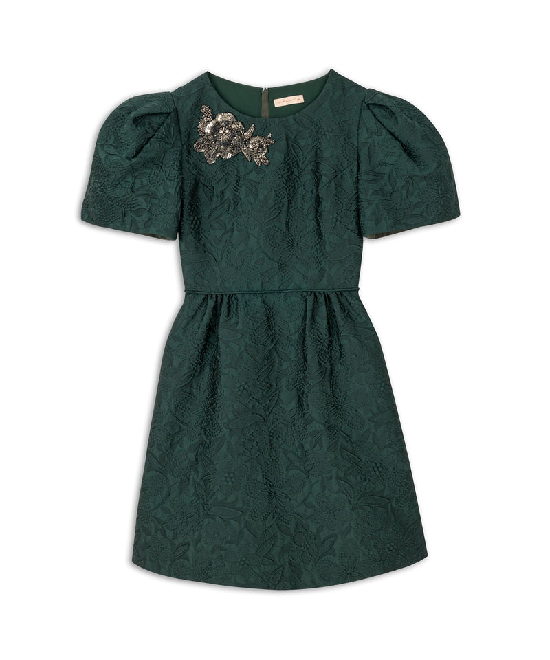 Machka Jacquard Floral Module Embroidered Dress Dark Green