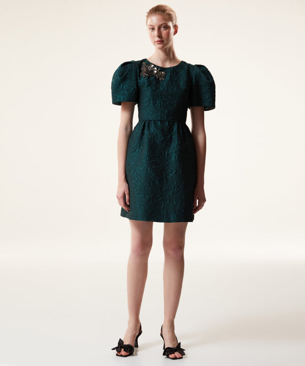 Machka Jacquard Floral Module Embroidered Dress Dark Green