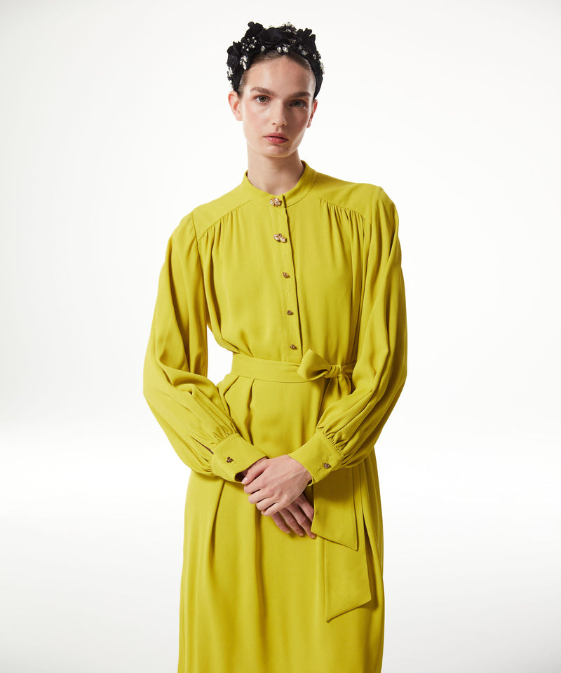 Machka Belted Dress With Stone Button Details Yellow