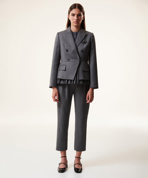 Machka Pleated Blazer With Brooch Accessory Grey