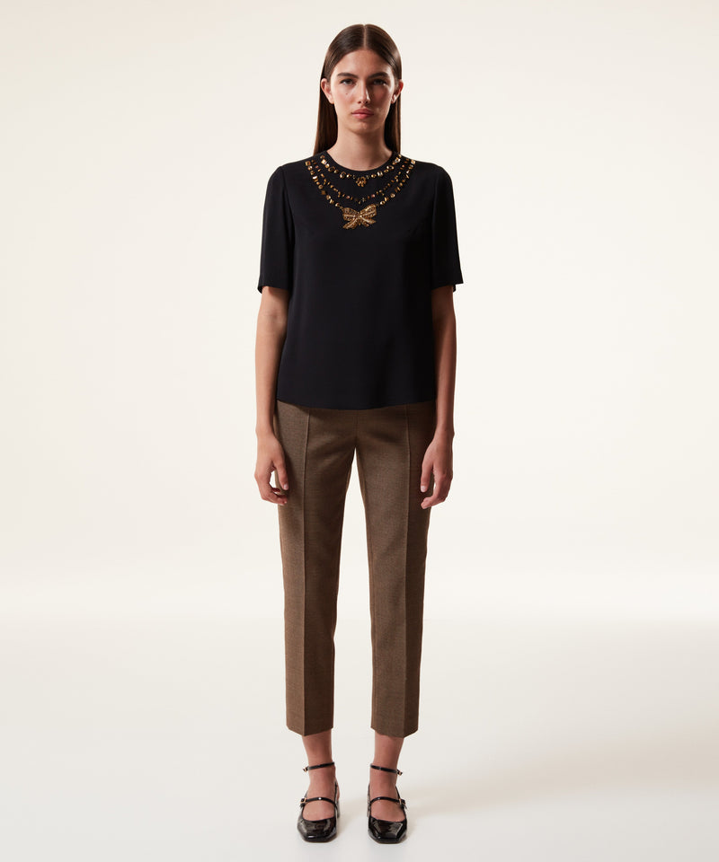 Machka Stone-Embroidered Crepe Blouse Black