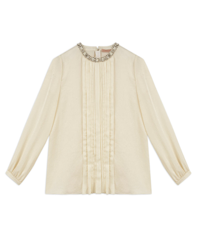 Machka Stone Embroidered Pleated Blouse Off White