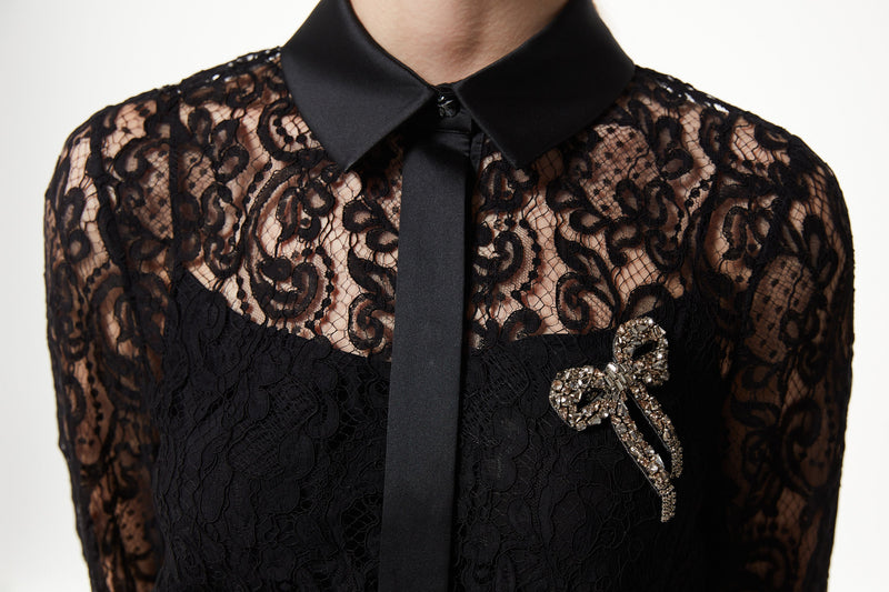 Machka Lace Detail Solid Blouse Black