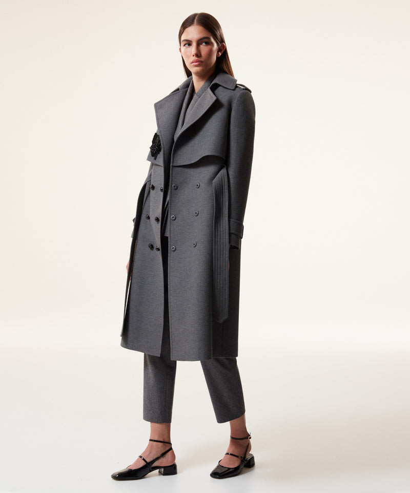 Machka Embroidered Detail Belted Coat Anthracite