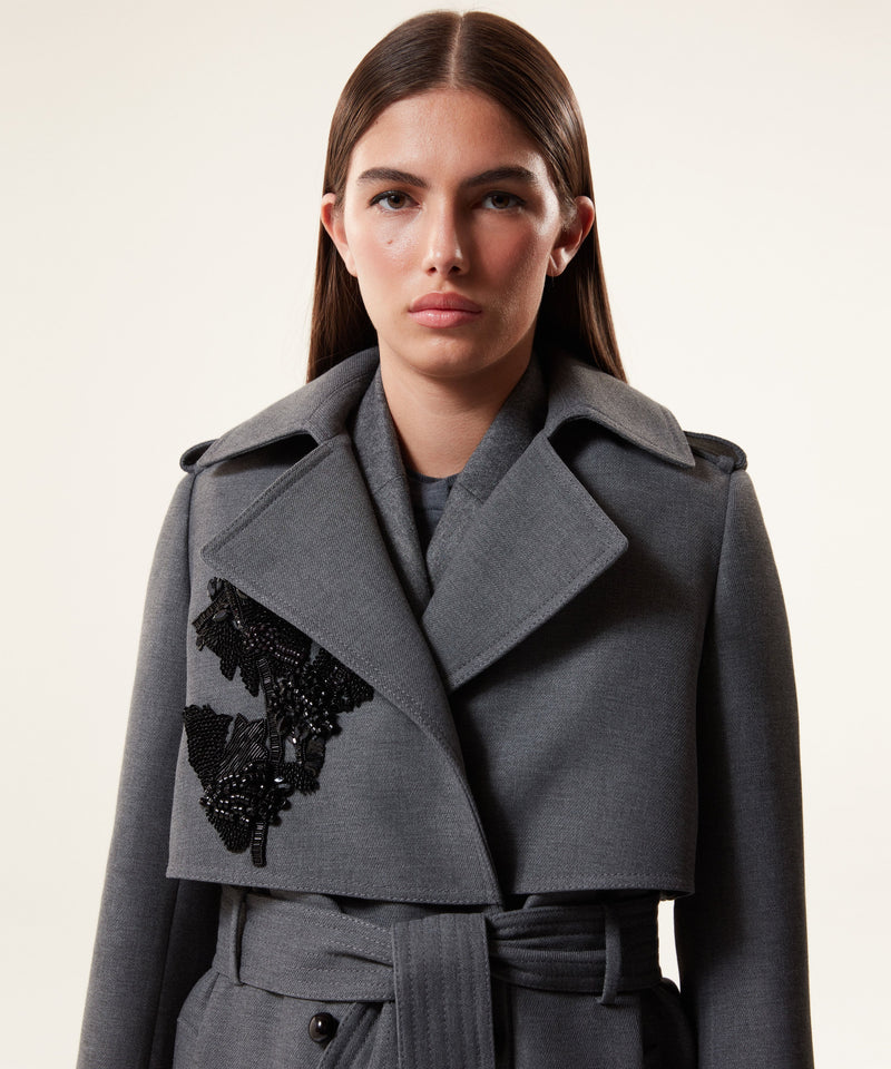 Machka Embroidered Detail Belted Coat Anthracite