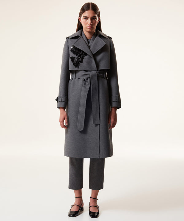 Machka Embroidered Detail Belted Coat Anthracite