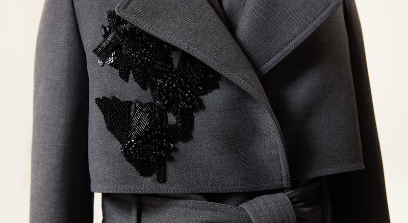 Machka Embroidered Detail Belted Coat Anthracite