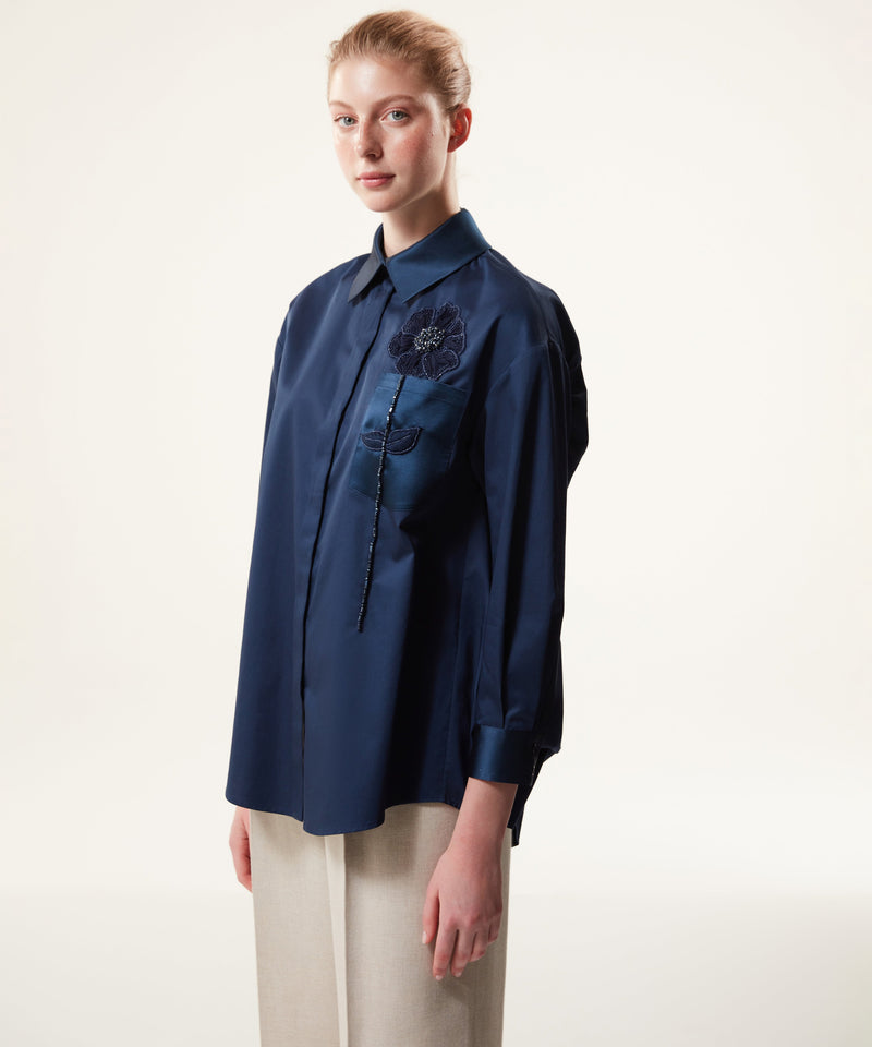 Machka Floral Embroidered Poplin Shirt Navy Blue