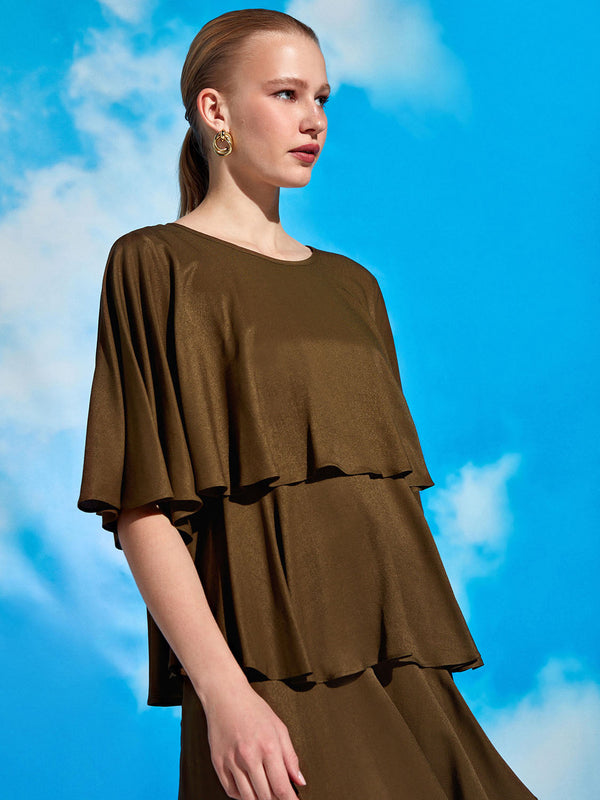 Nocturne Dress Short Layered Pleat S Khaki - Wardrobe Fashion