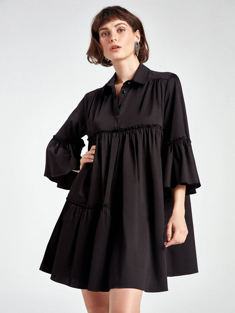 Nocturne Dress Shirt Short Pleat L/S Black - Wardrobe Fashion