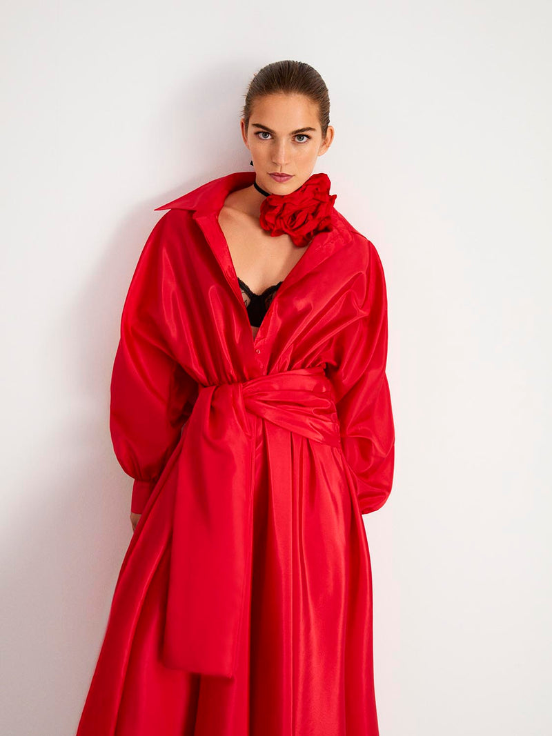 Nocturne Belted Taffeta Dress Red