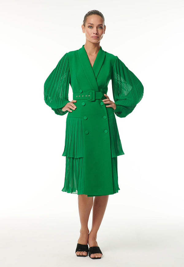 Choice Pleated Dress With Belt  Green