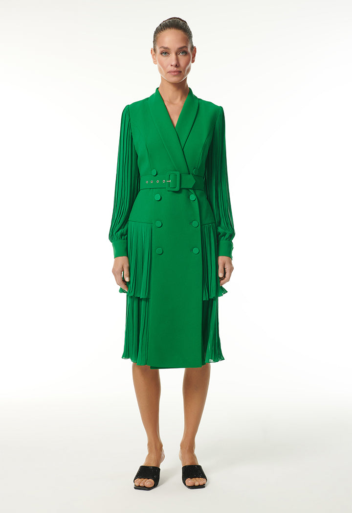 Choice Pleated Dress With Belt  Green