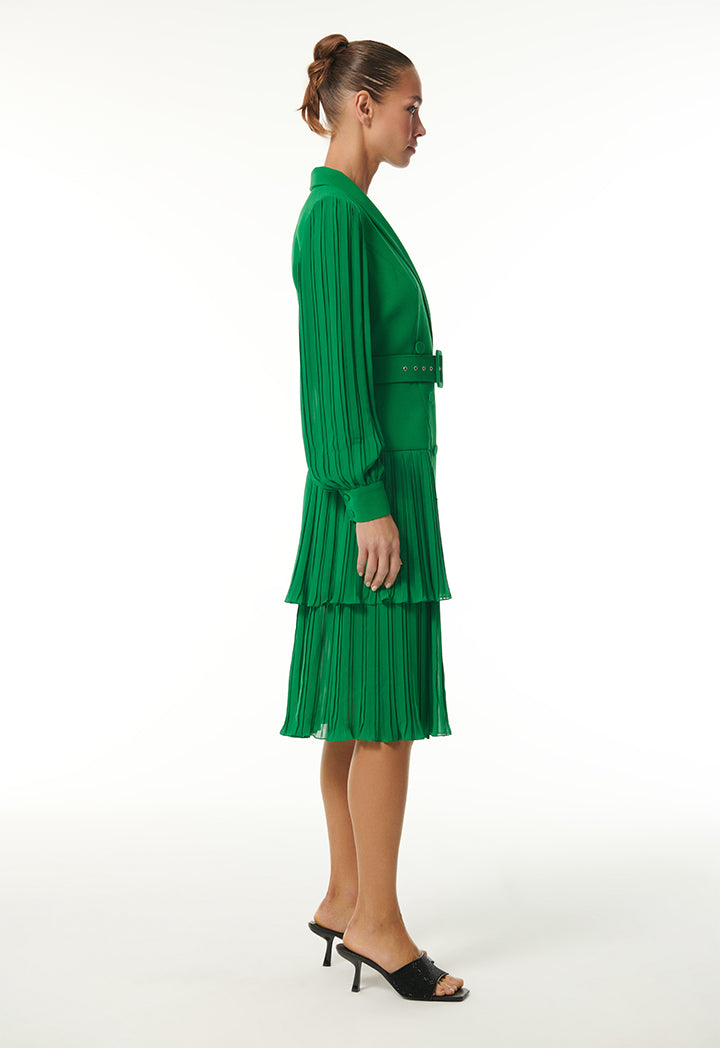 Choice Pleated Dress With Belt  Green