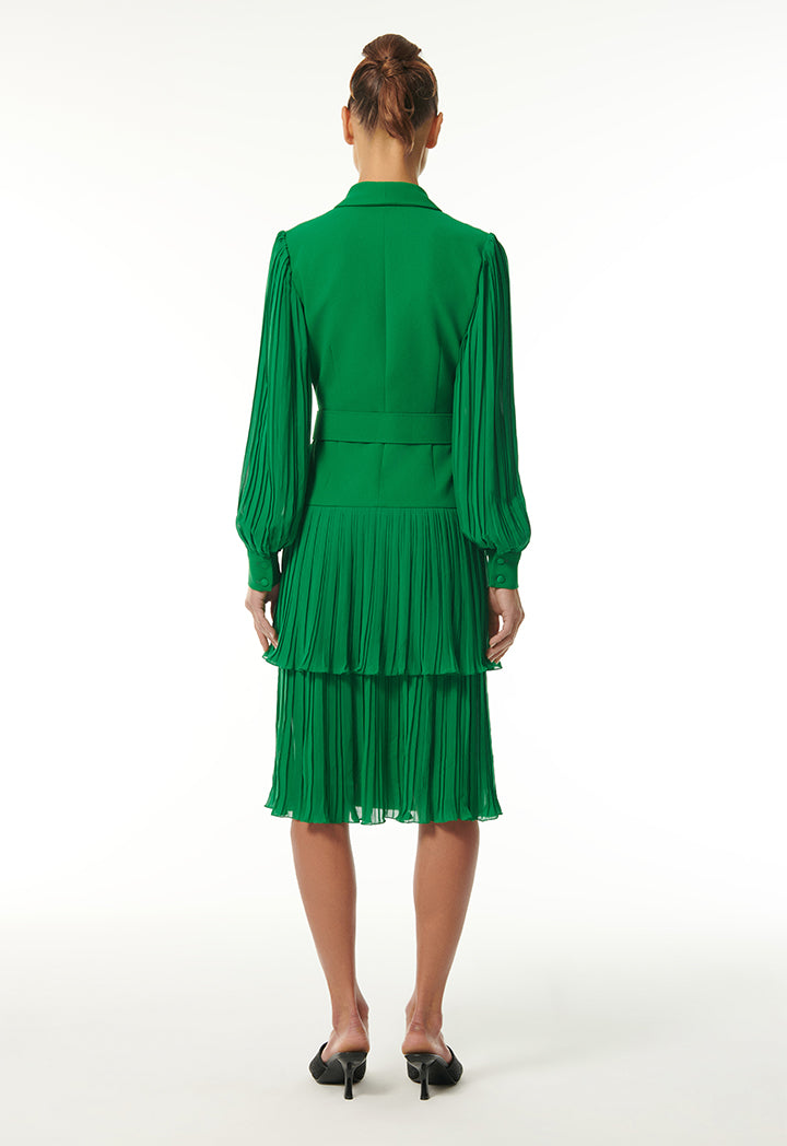 Choice Pleated Dress With Belt  Green