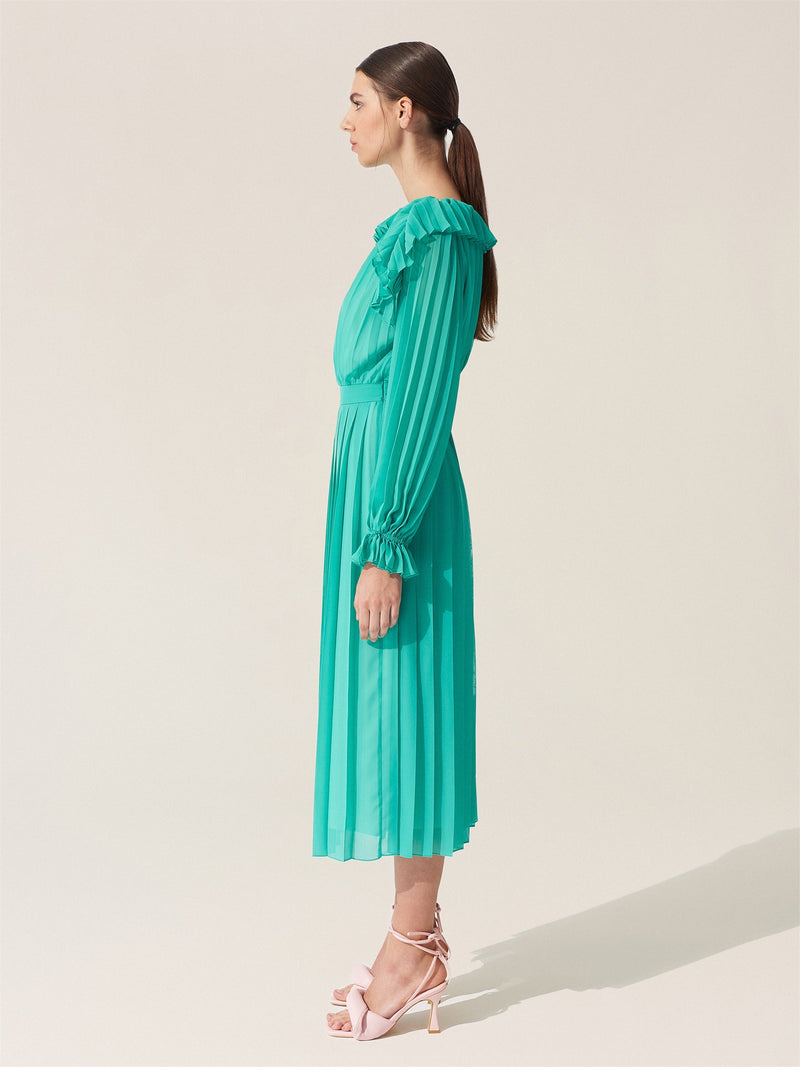 Baqa Ruffle Detail Pleated Dress Green