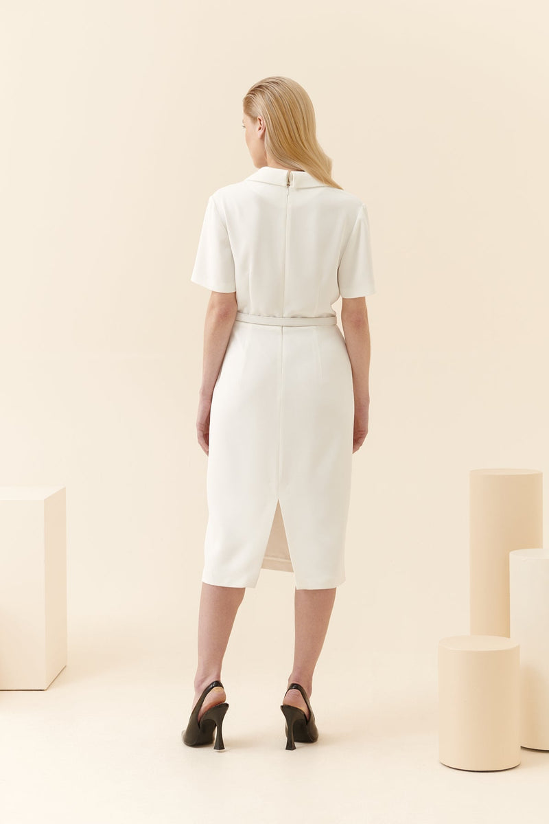 Roman Solid Midi Dress With Belt Detail White