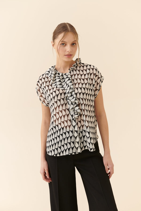 Roman Ruffle Detail Patterned Blouse Multi Color