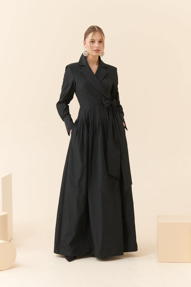 Roman Wrapped Detail Evening Long Dress Black