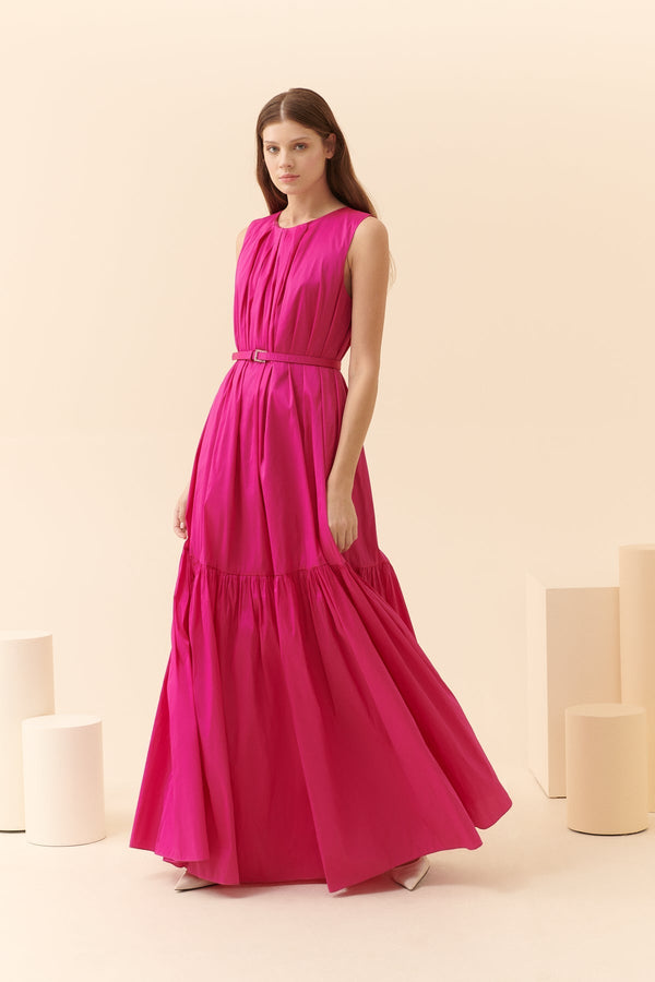 Roman Belt Detailed Taffeta Evening Dress Fuchsia