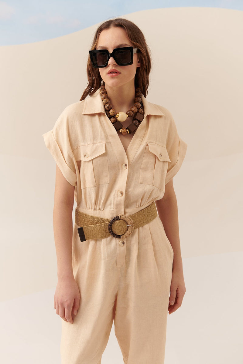 Roman Solid Short Sleeve Jumpsuit Natural