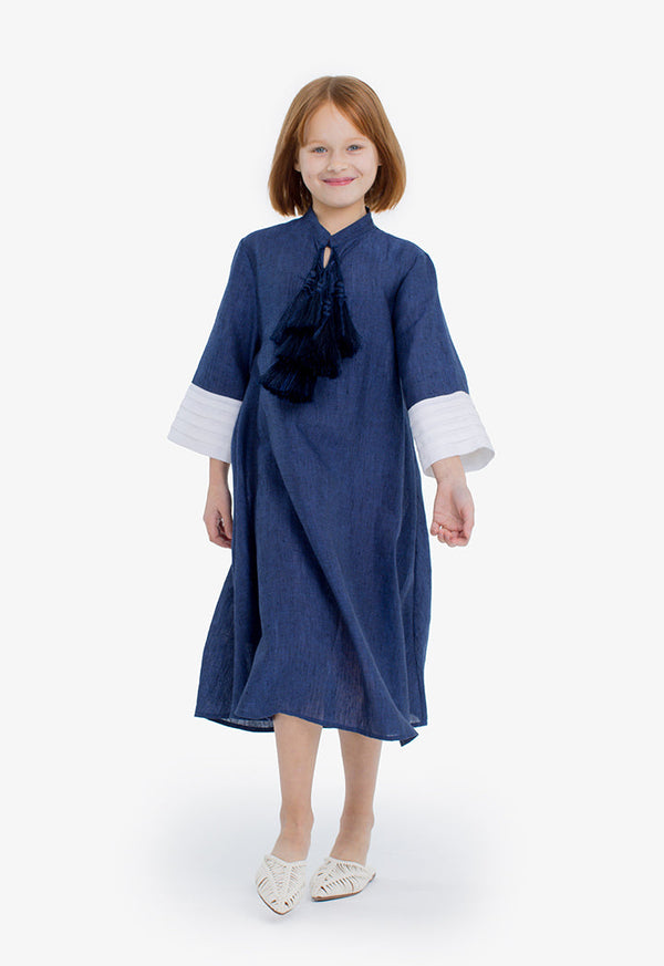 Choice Kids Solid Long Sleeves Tassels Maxi Dress Blue