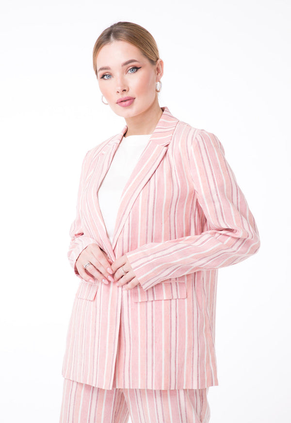 UNQ Linen Striped Notched Collar Single Breasted Jacket PINK