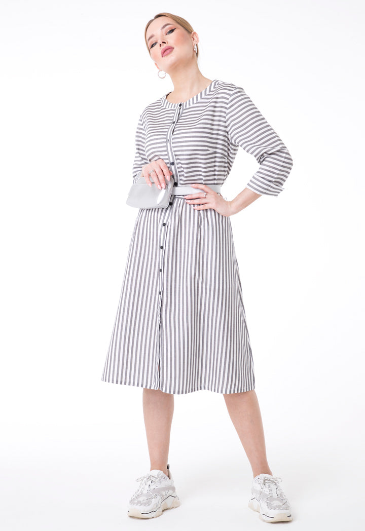 UNQ Striped Long Sleeve A-Line Midi Dress GREY