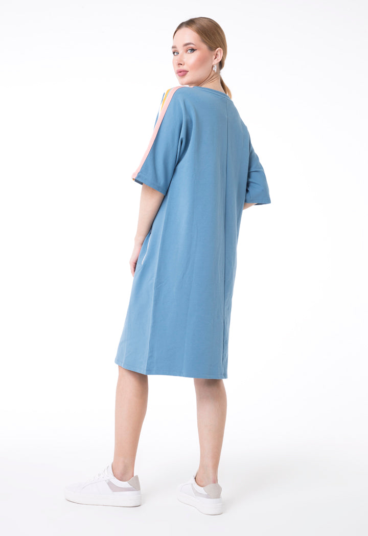 UNQ Striped Shoulder Short Sleeve Shift Midi Dress BLUE