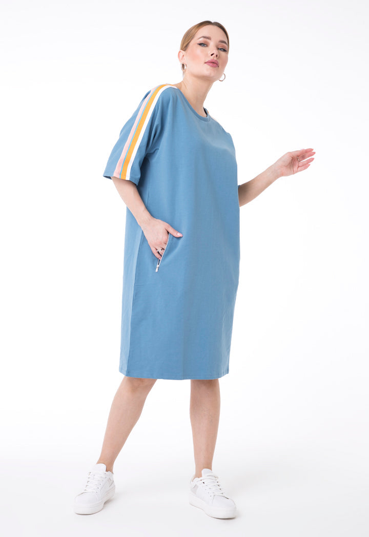 UNQ Striped Shoulder Short Sleeve Shift Midi Dress BLUE