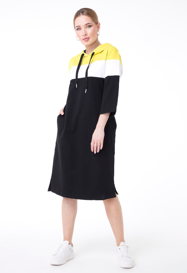 UNQ Three-Quarter Sleeve Drawstring Shift Midi Hoodie Dress MULTI COLOR