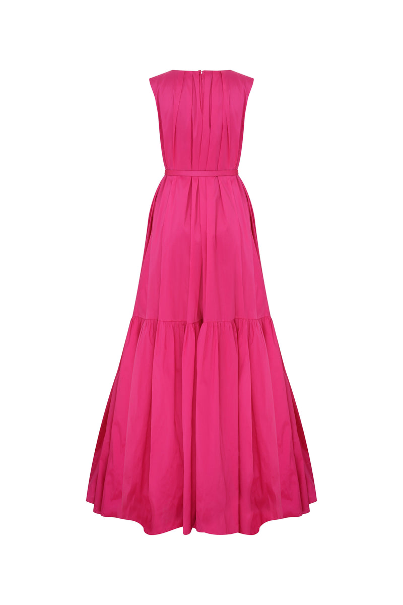 Roman Belt Detailed Taffeta Evening Dress Fuchsia