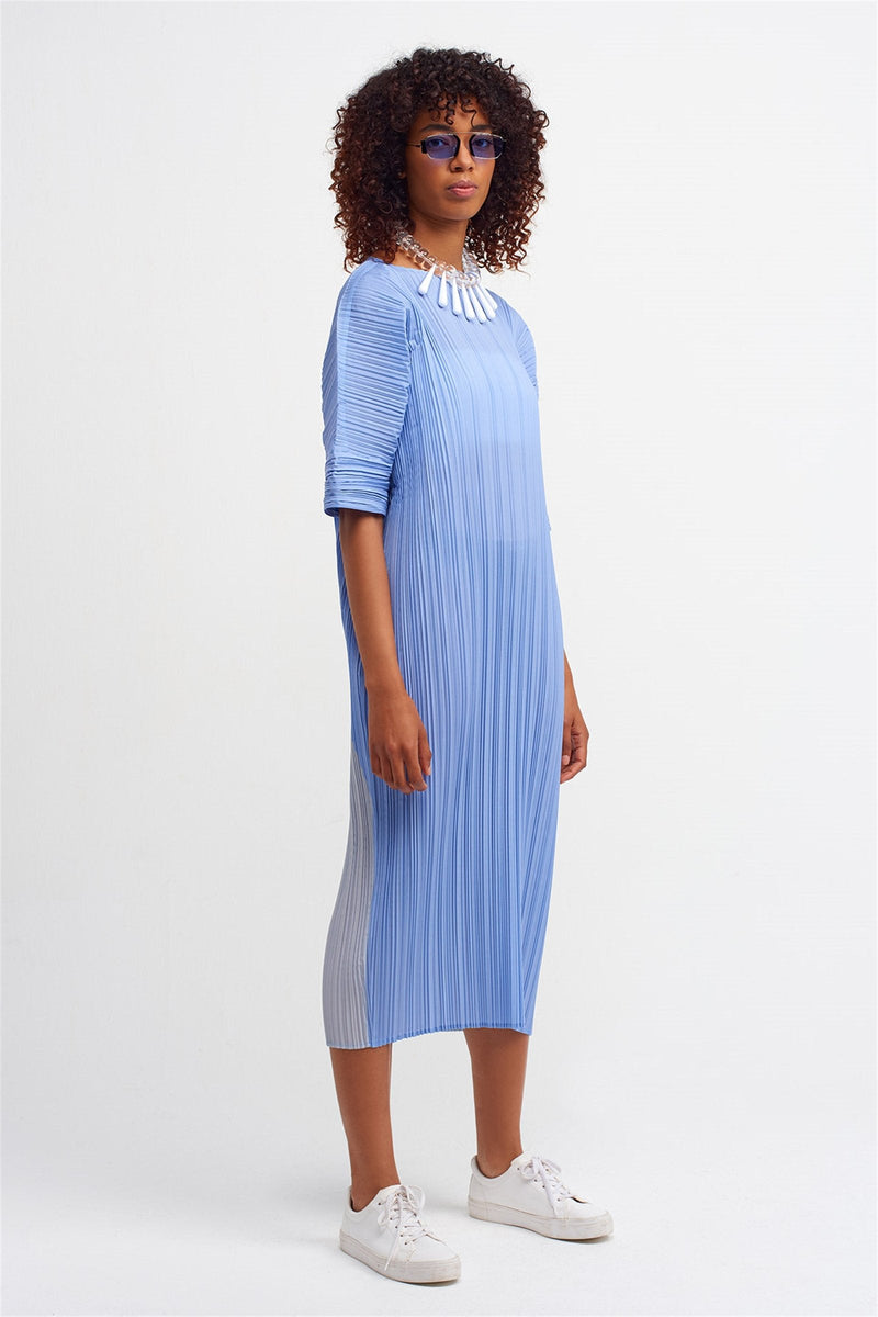 Nu Printed Pleated Midi Dress Baja Blue