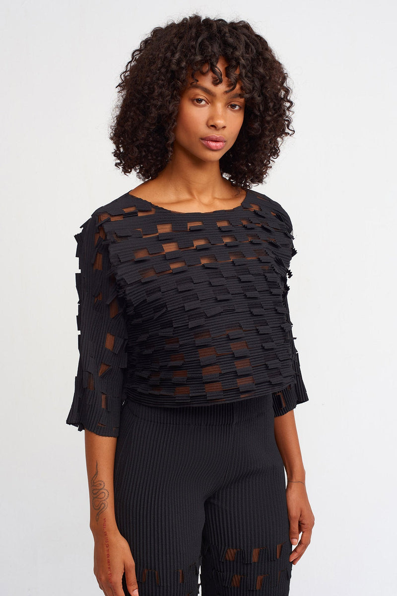 Nu Square Detail Pleated Blouse Black